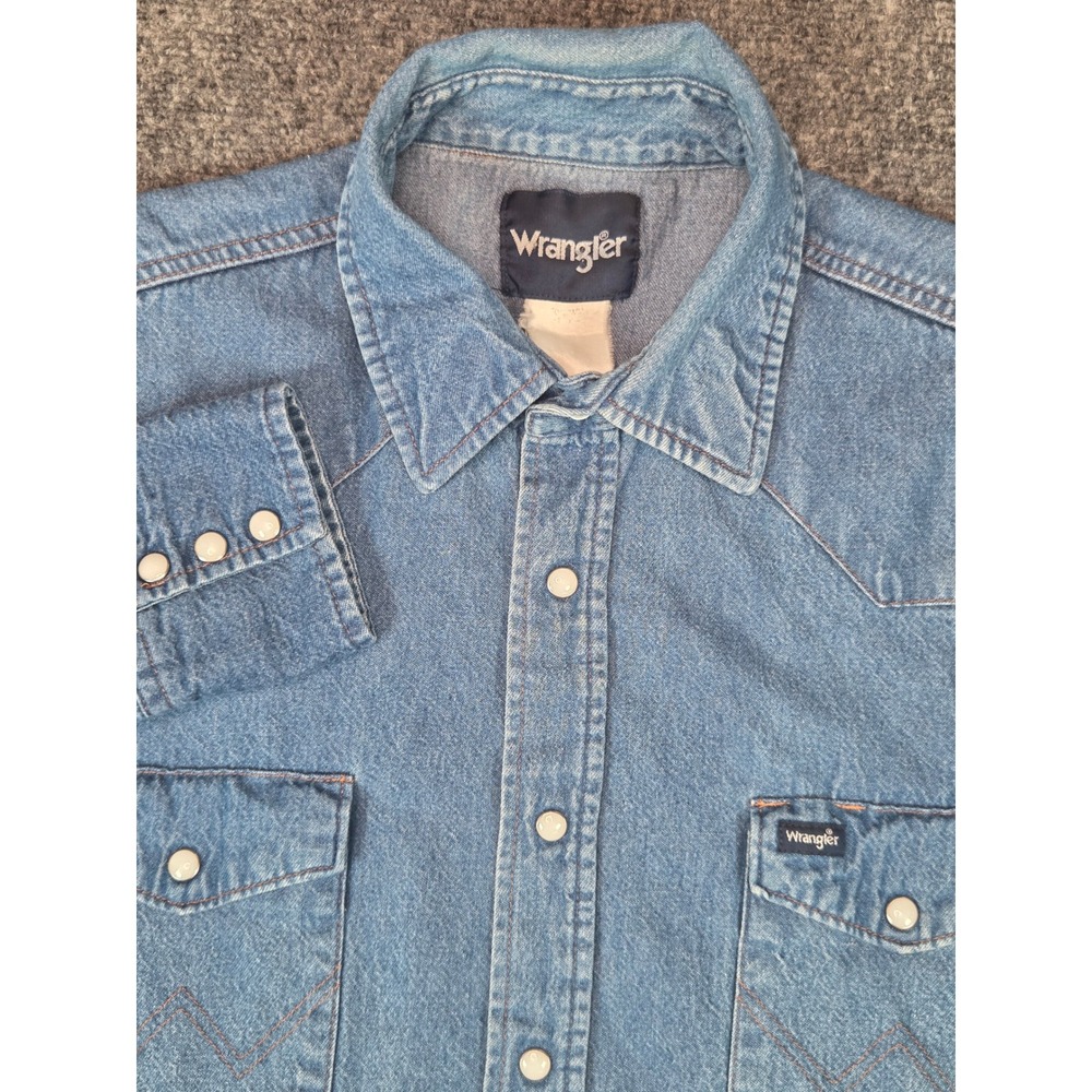 Wrangler Western Denim Pearl Snap Shirt Mens XL Blue Long Sleeve Vintage